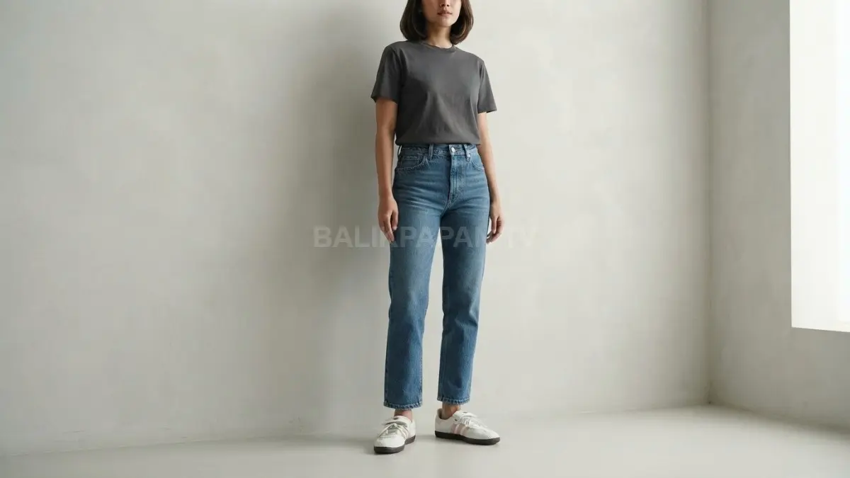 Gaya kasual minimalis menghadirkan kaus polos, denim lurus, serta Samba Jane bertali penuh karakter modis tampil (BTV/AI)
