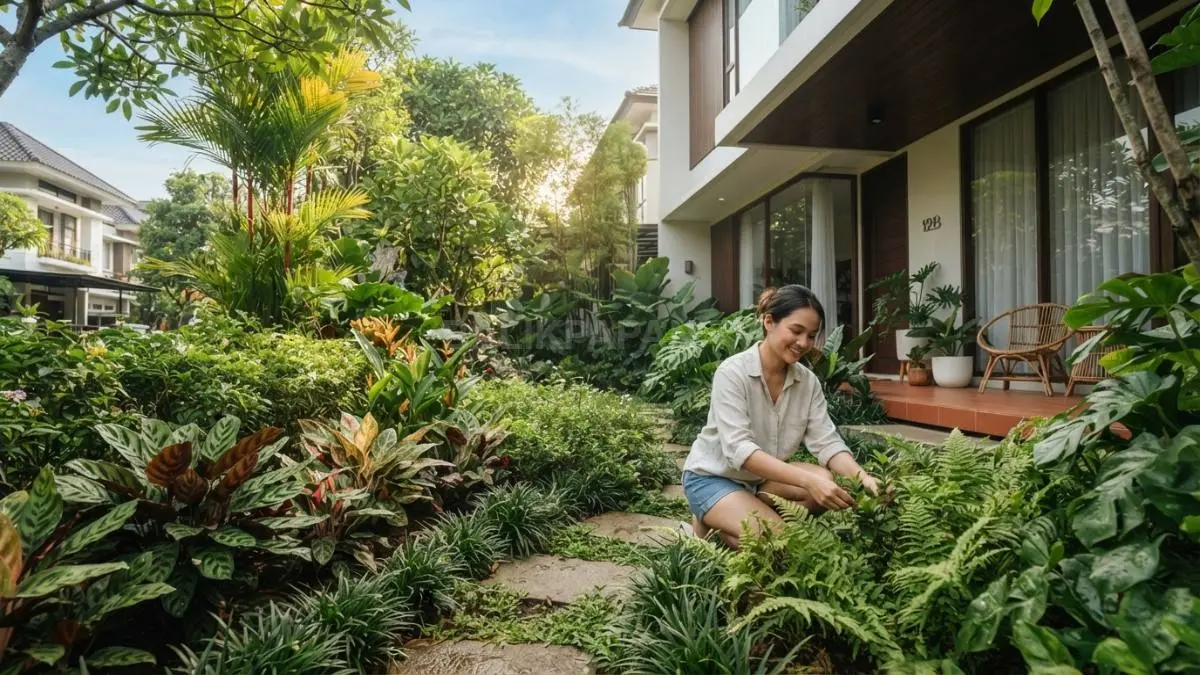 Halaman depan rumah ditata dengan tanaman bertingkat menciptakan ruang hijau nyaman estetis alami sepanjang tahun (BTV/AI)
