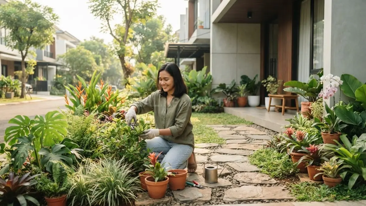 Halaman depan rumah ditata dengan tanaman, pencahayaan, dan material estetis menciptakan ruang hijau nyaman fungsional (BTV/AI)
