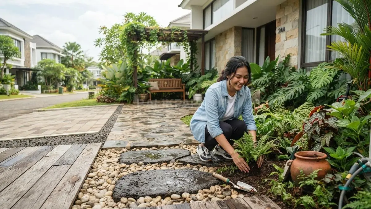 Halaman depan rumah memadukan material alami menciptakan ruang hijau nyaman, estetis, dan mudah dirawat setiap hari (BTV/AI)
