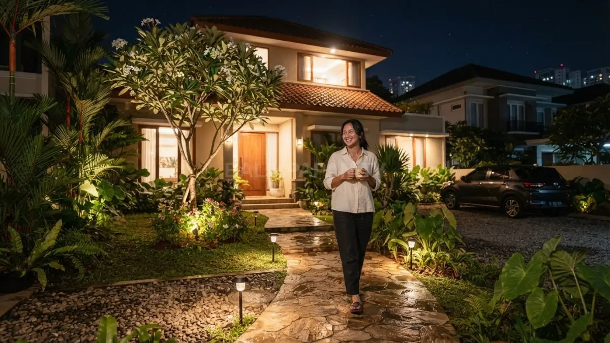 Halaman depan rumah tampil hijau, nyaman, estetis dengan jalur batu, tanaman, dan lampu taman surya (BTV/AI)
