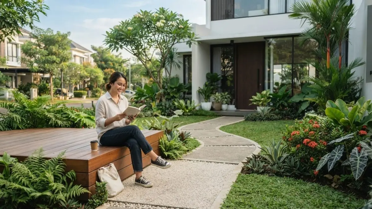 Halaman depan rumah tertata hijau, nyaman, estetis, dengan ruang terbuka yang memudahkan perawatan dan aktivitas (BTV/AI)
