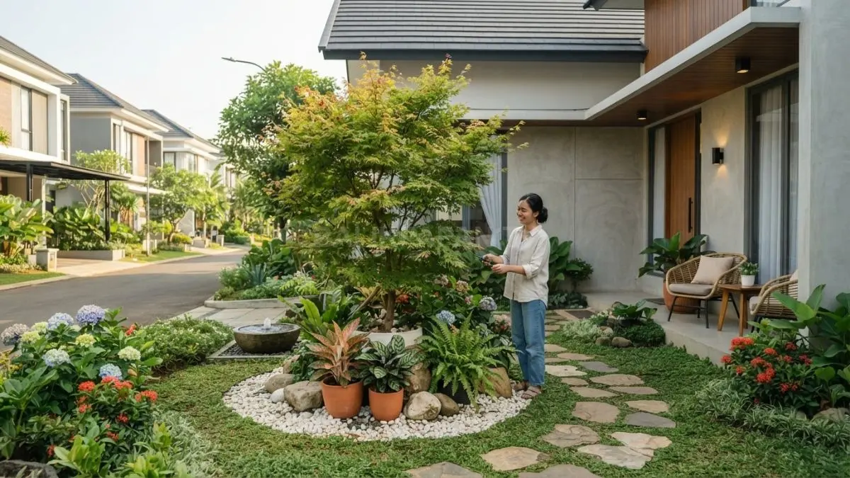 Halaman depan rumah tertata rapi dengan titik fokus hijau menciptakan suasana nyaman, estetis, dan menawan alami (BTV/AI)
