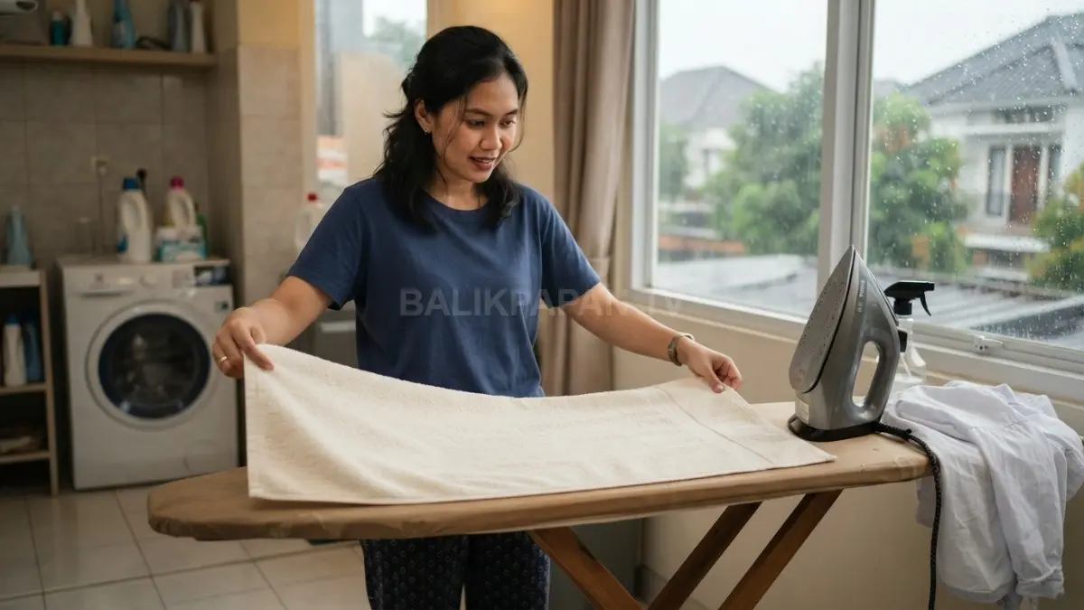 Handuk katun kering dan setrika membantu mempercepat pengeringan pakaian saat musim hujan secara praktis efektif (BTV/AI)
