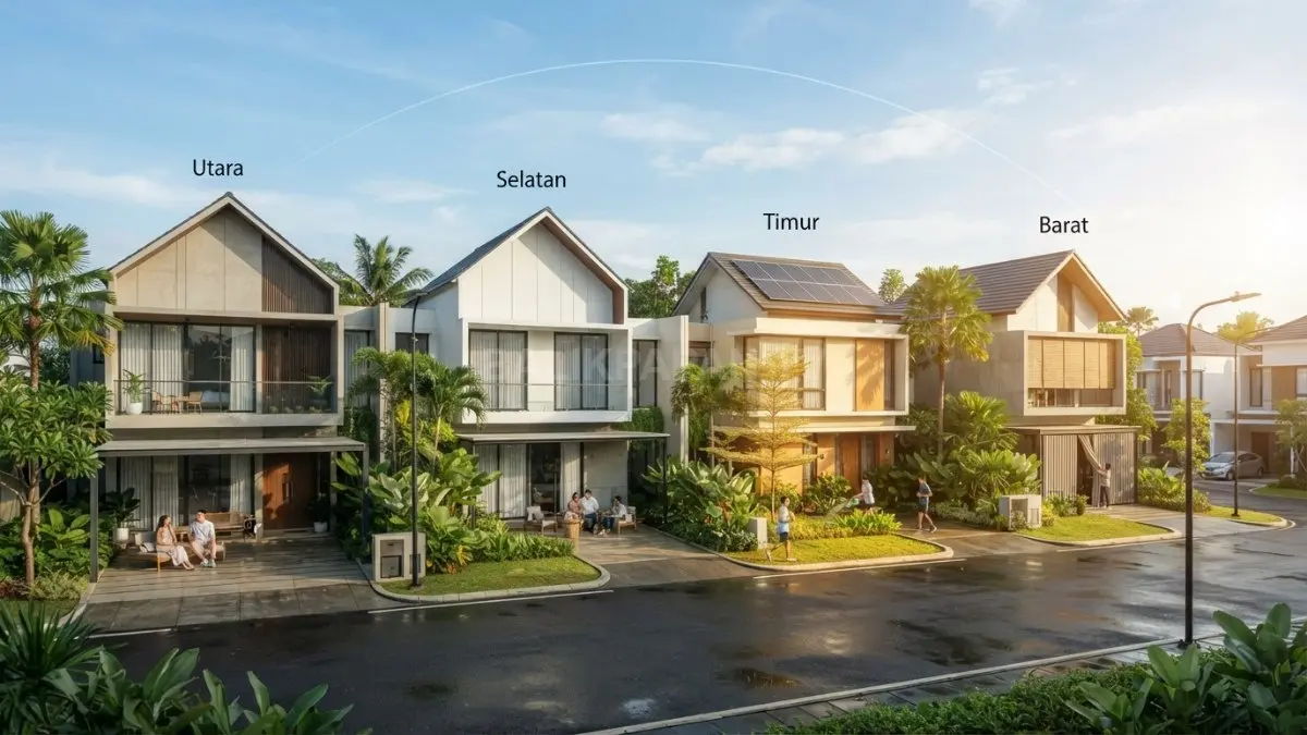 Ilustrasi perbandingan arah hadap rumah utara, selatan, timur, dan barat pada iklim tropis Indonesia. (BTV/AI)
