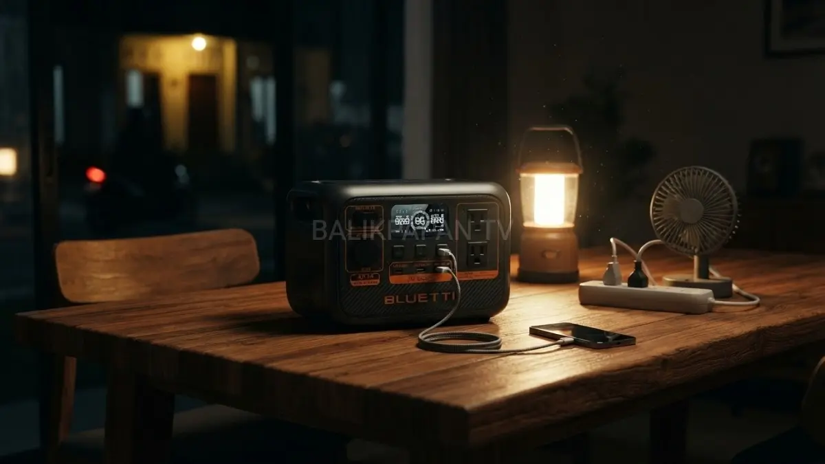 Ilustrasi Saat Genset Mini Portable Power Station Bluetti Ac2p  Digunakan Saat Mati Lampu. (BTV/AI) 