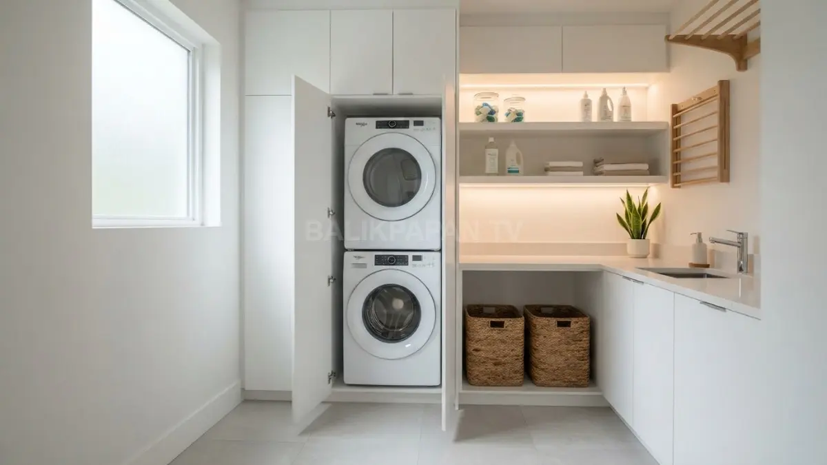 Interior ruang cuci baju minimalis dengan mesin cuci bertumpuk di dalam kabinet PVC putih bersih yang estetik. (BTV/Ai)