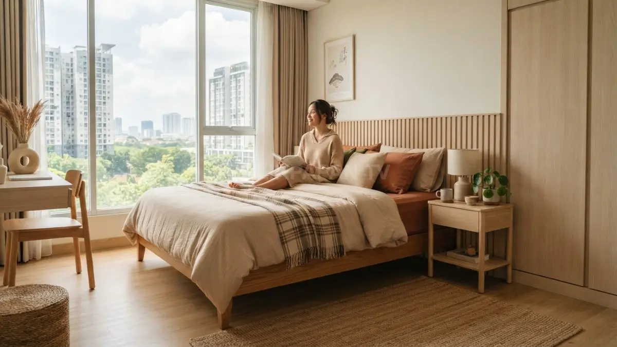 Kombinasi seprai earth tone dengan furnitur kayu menciptakan suasana kamar bergaya Japandi. (BTV/AI)