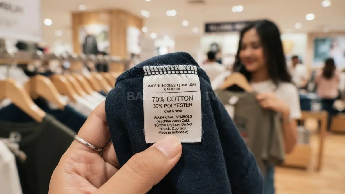 : Label komposisi bahan pakaian yang menunjukkan perbedaan persentase katun dan polyester. (BTV/AI)