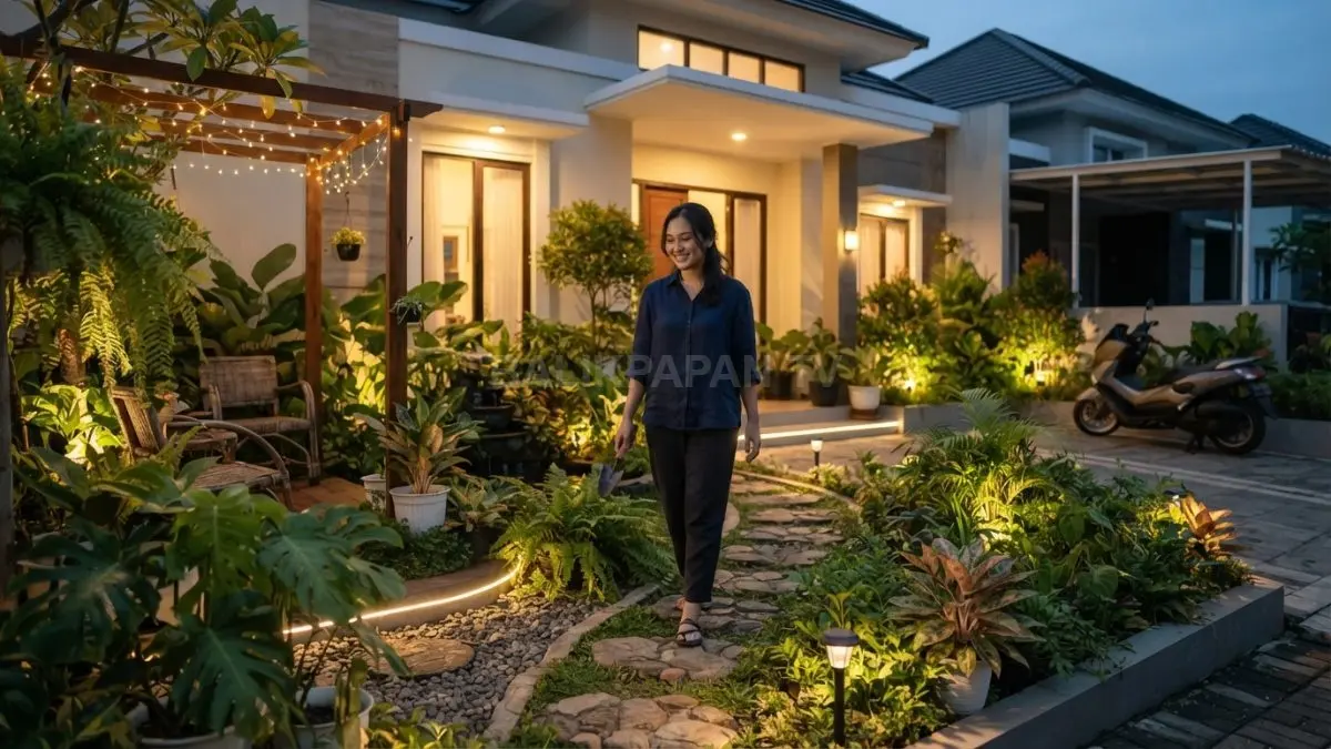 Lampu taman menghadirkan halaman depan rumah nyaman aman dengan pencahayaan estetis bernuansa hijau alami memikat (BTV/AI)
