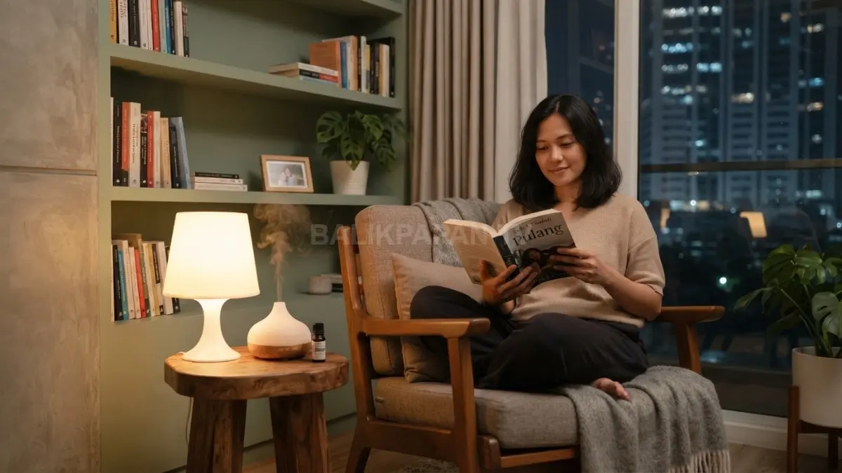 Lampu warm white dan diffuser aroma ditempatkan di sudut ruang baca minimalis untuk meningkatkan kenyamanan. (BTV/AI)