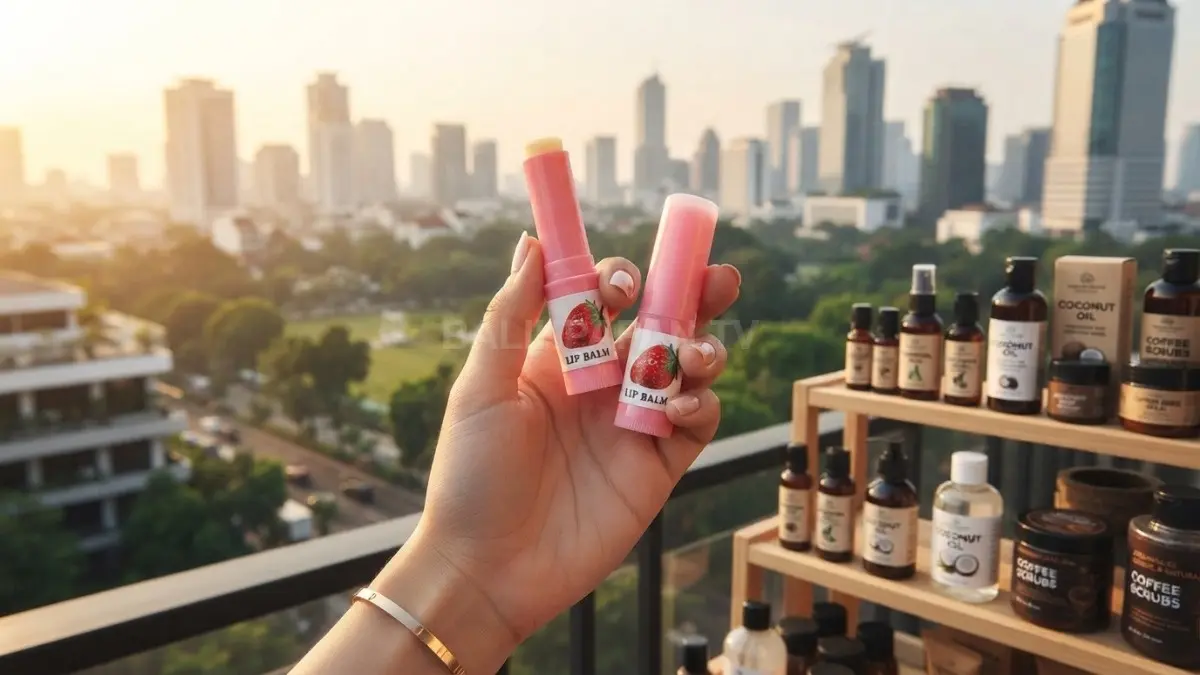 Lip balm dengan kandungan pelembap alami diletakkan berdampingan dengan segelas air putih. (BTV/AI)