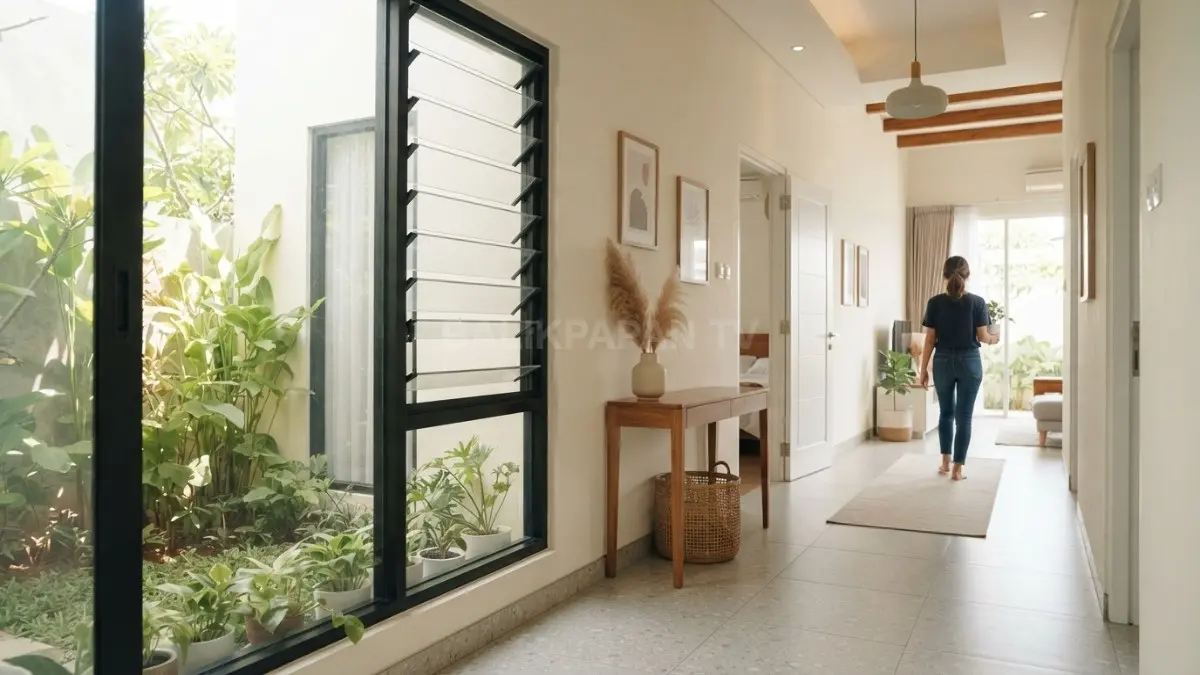 Lorong rumah modern dengan pencahayaan alami dan ventilasi silang yang menciptakan suasana nyaman serta tidak pengap. (BTV/AI)