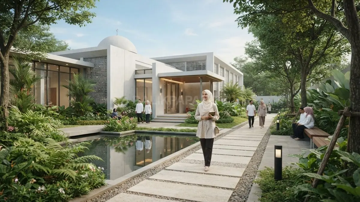 Masjid minimalis memadukan lanskap hijau, taman sejuk, dan desain fungsional menciptakan suasana ibadah khusyuk nyaman (BTV/AI)
