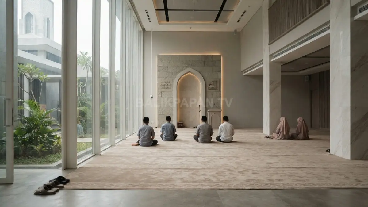 Masjid minimalis memadukan warna netral, material berkualitas, pencahayaan alami, dan suasana ibadah yang khusyuk nyaman (BTV/AI)
