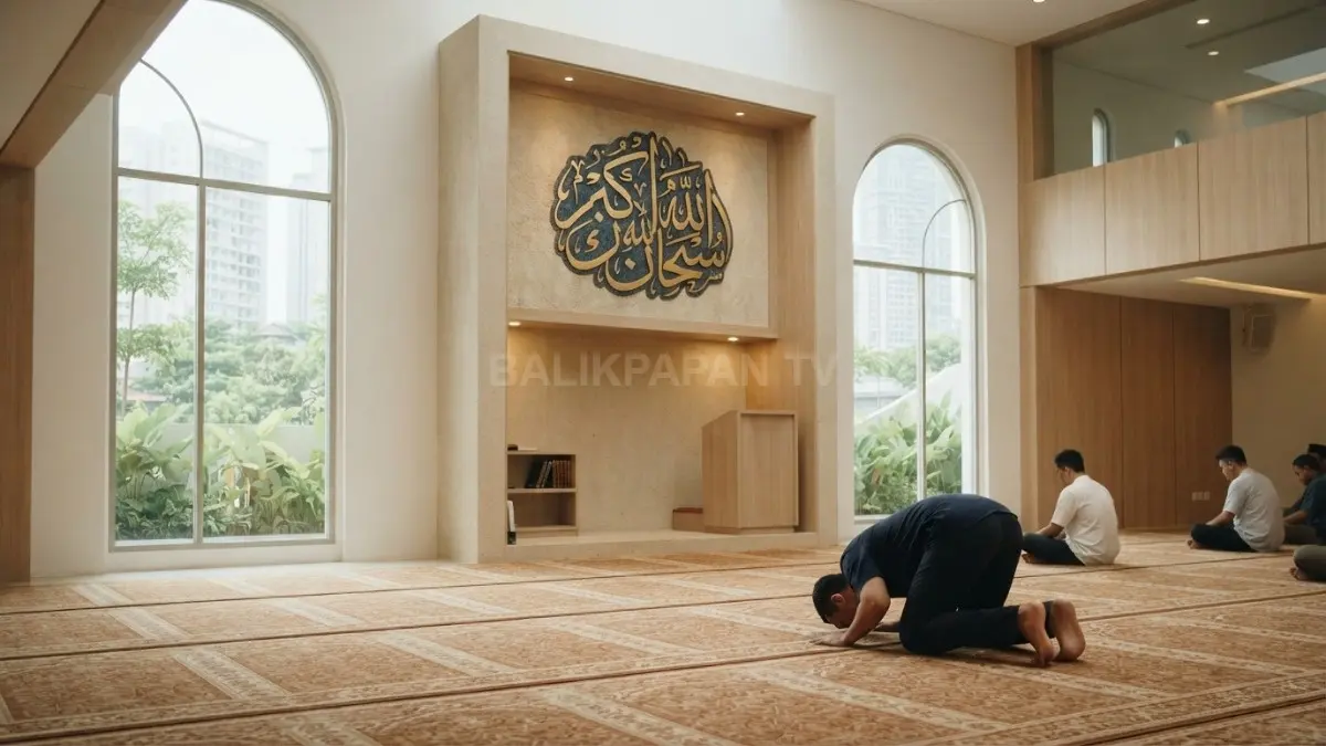 Masjid minimalis menghadirkan interior sederhana dengan kaligrafi elegan sebagai pusat perhatian dan kekhusyukan beribadah bersama (BTV/AI)
