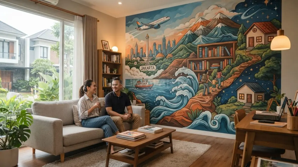 Mural bertema laut menghadirkan ombak, kapal, dan langit biru sebagai pengingat kecintaan terhadap samudra indah (BTV/AI)