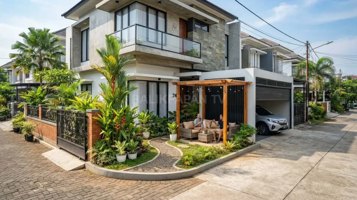Pemanfaatan lahan samping rumah sudut untuk taman, area santai, dan garasi tambahan. (BTV/AI)