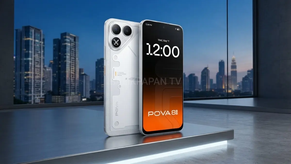 Penampakan bodi belakang dan depan gawai pintar kelas menengah dengan desain futuristik yang elegan. (BTV/AI) 