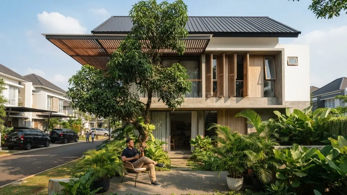 Penggunaan kanopi, pohon peneduh, dan ventilasi silang untuk mengurangi panas pada rumah hadap barat. (BTV/AI)
