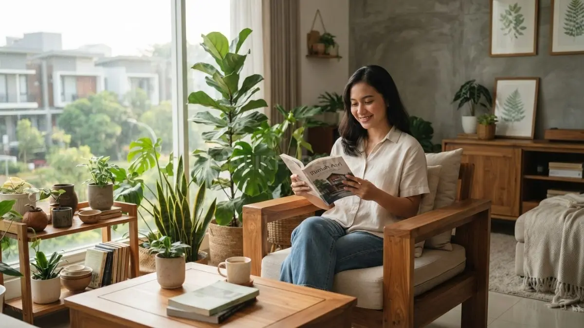 Penggunaan tanaman indoor dan furnitur kayu alami menghadirkan suasana rumah yang lebih menenangkan. (BTV/AI)