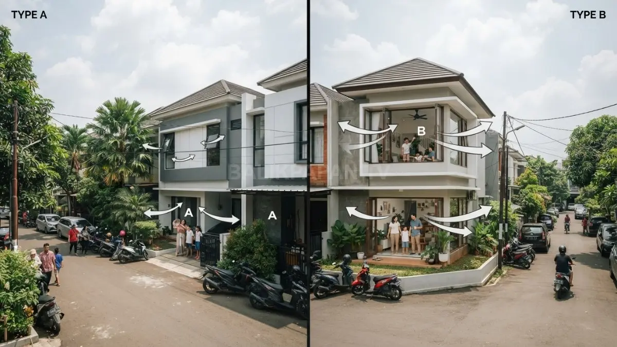Perbandingan sirkulasi udara antara rumah tengah blok dan rumah sudut pada iklim tropis Indonesia. (BTV/AI)