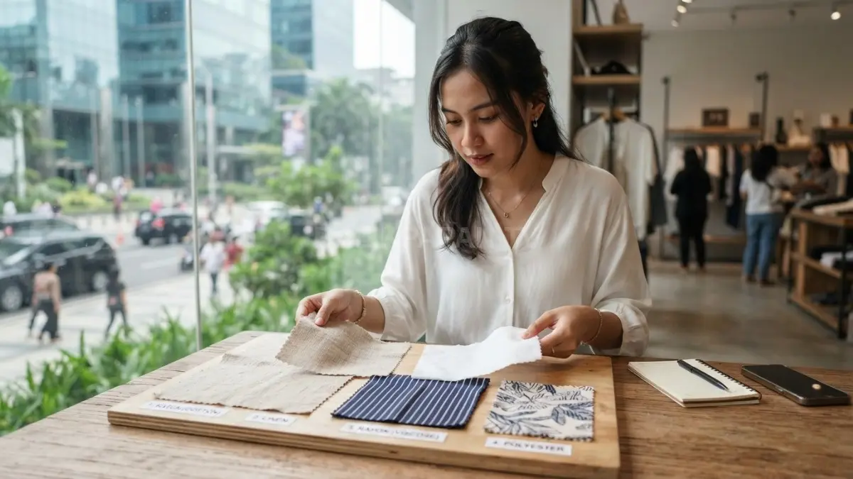 Perbandingan tekstur kain katun, linen, rayon, dan polyester untuk penggunaan sehari-hari di iklim tropis. (BTV/AI)