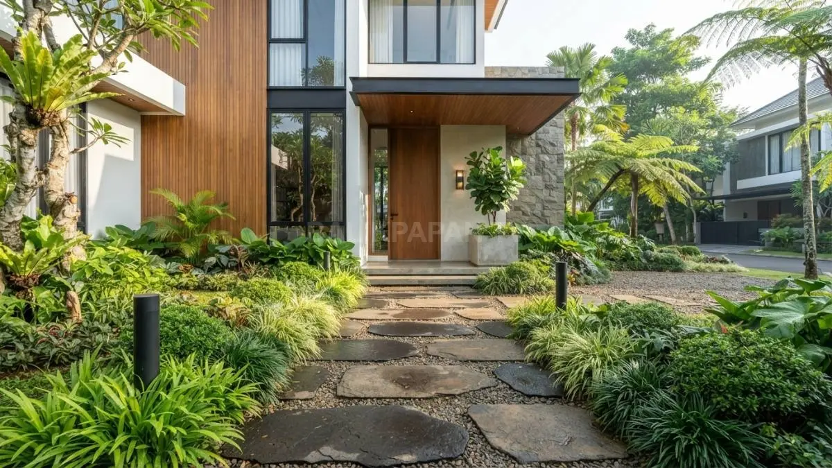 Perpaduan tanaman rendah menghadirkan bingkai alami yang mempercantik jalur masuk rumah tanpa terasa penuh setiap hari. (BTV/AI)