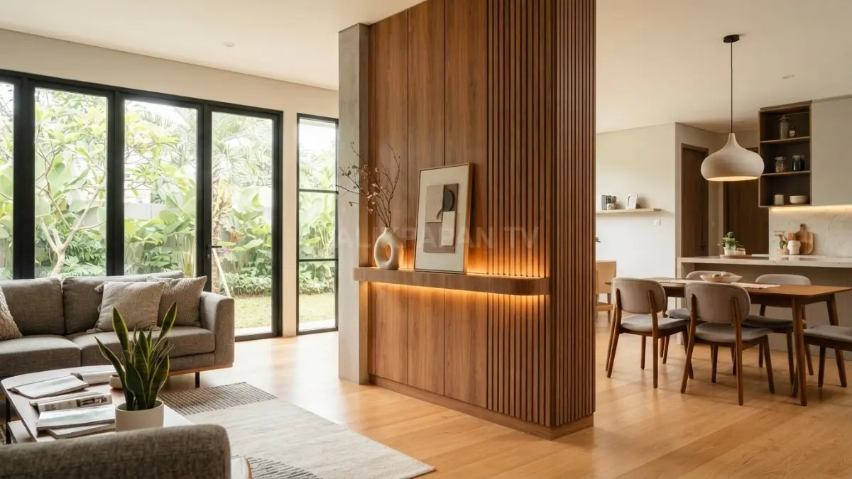 Pilar berlapis panel kayu oak menghadirkan suasana hangat, alami, elegan, menyatu dengan interior modern minimalis (BTV/AI)