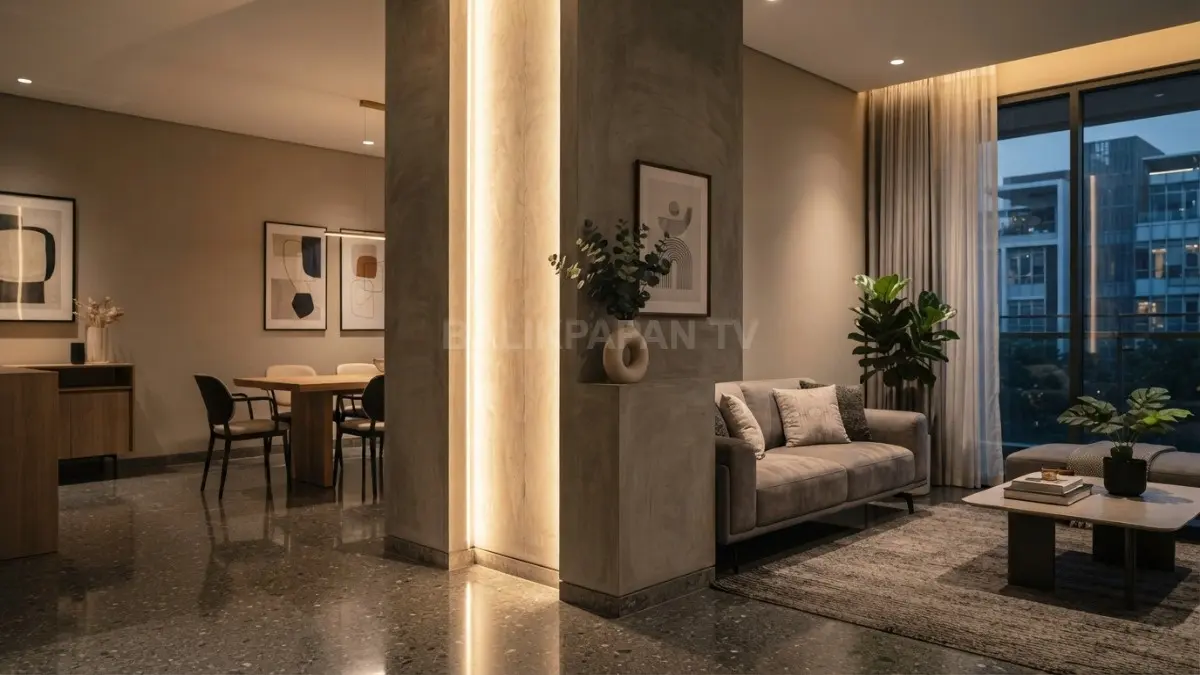 Pilar modern dihiasi LED strip tersembunyi memancarkan cahaya hangat, menciptakan suasana artistik elegan di ruangan (BTV/AI)