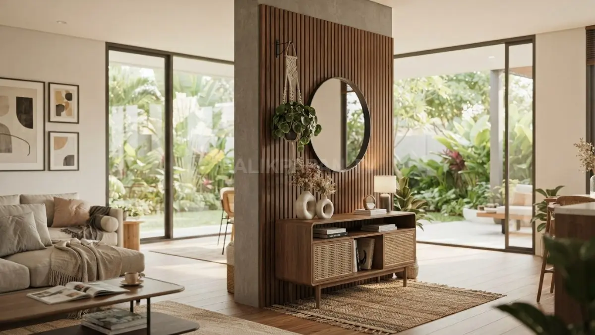 Pilar rumah modern berpadu dekorasi estetik, menghadirkan ruang terbuka fungsional dengan sentuhan elegan yang memikat perhatian. (BTV/AI)