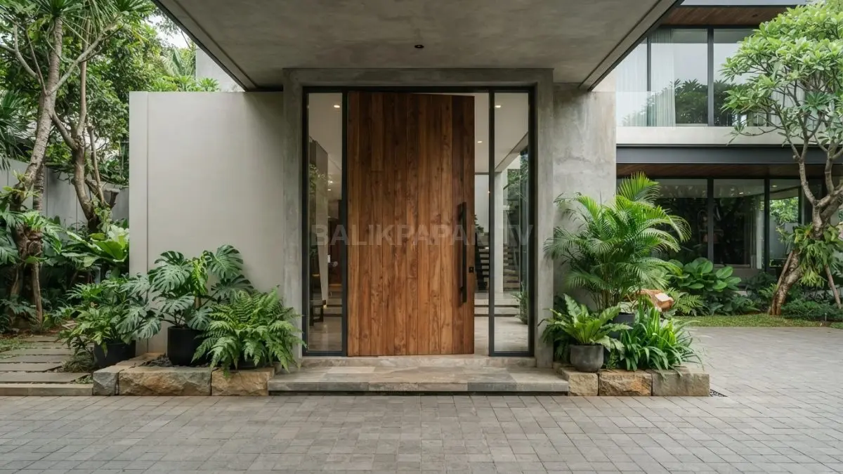 Pintu kayu solid berukuran besar menghadirkan kesan hangat, elegan, megah pada hunian modern tropis (BTV/AI)