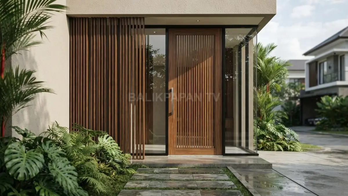 Pintu modern beraksen kisi vertikal menghadirkan tampilan elegan sekaligus mendukung sirkulasi udara alami rumah minimalis (BTV/AI)