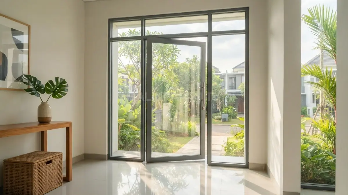 Pintu kombinasi kaca dan aluminium modern menghadirkan foyer terang, aman, tahan cuaca lembap, tampil elegan sepanjang hari (BTV/AI)