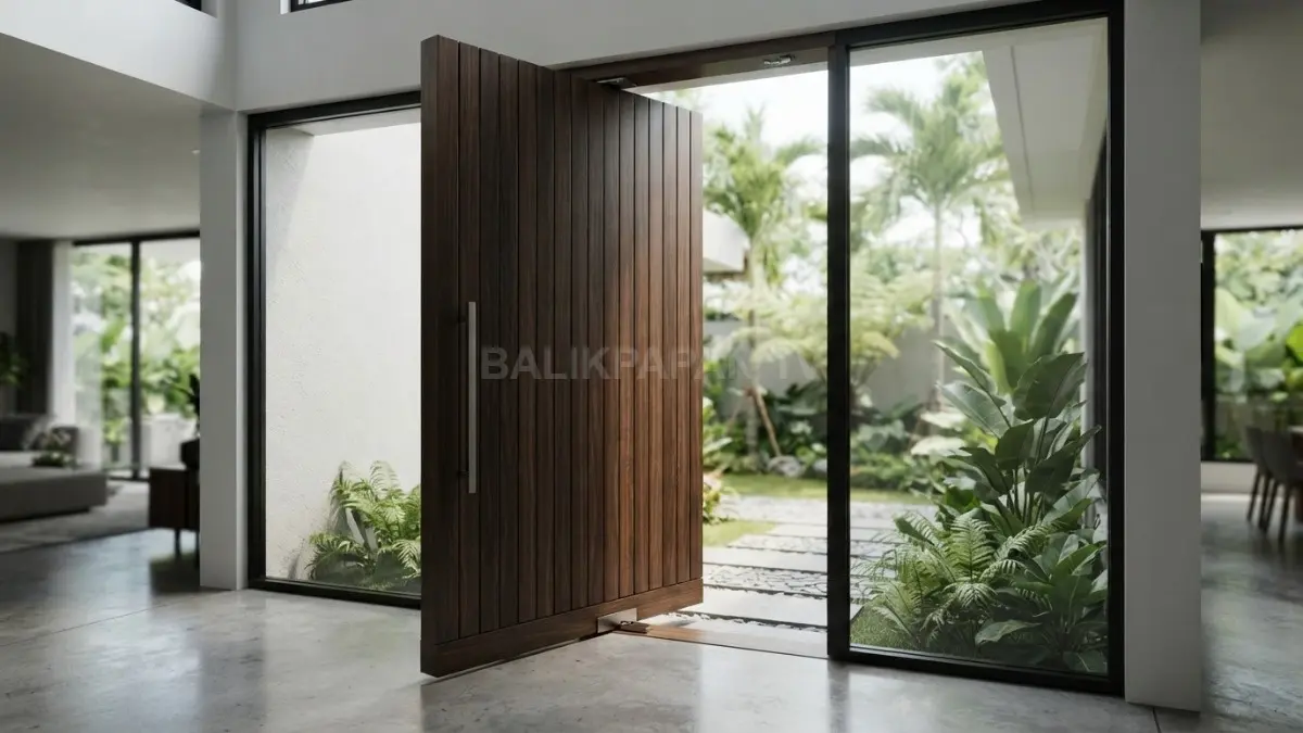 Pintu pivot modern melayang berdesain kontemporer dengan garis bersih, material premium, pencahayaan elegan, tanpa manusia, realistis (BTV/AI)