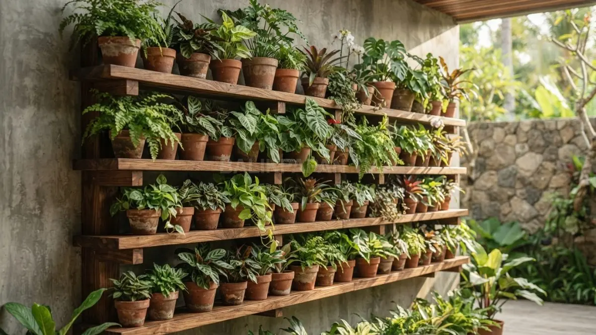 Rak berundak kayu ulin praktis dan eksotis untuk menata deretan pot tanaman alami. (BTV/Ai)