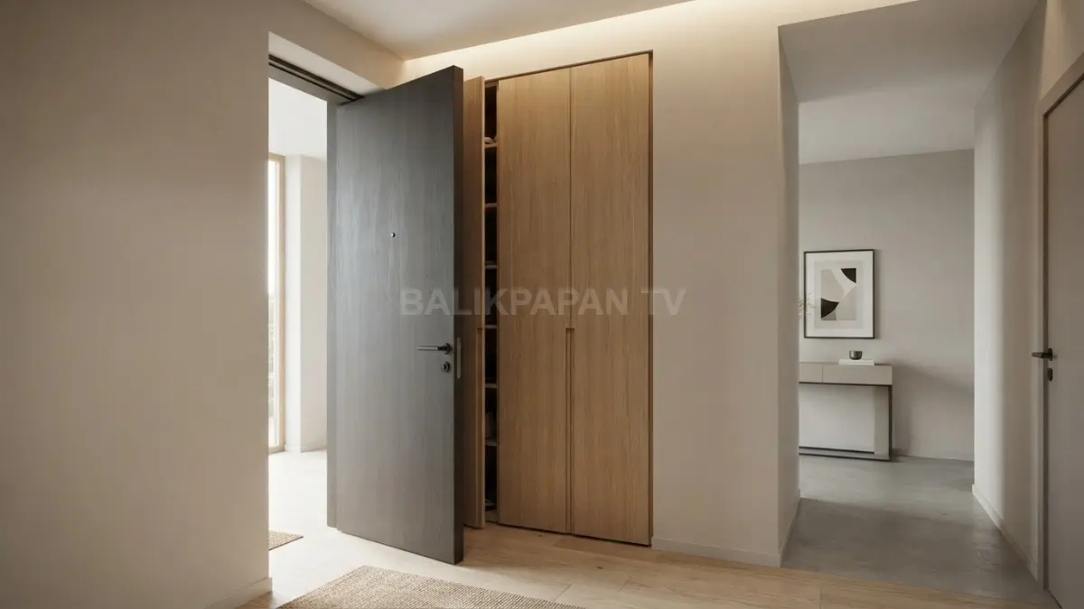 Rak kayu *built-in* tipis tersembunyi menjaga kebersihan sepatu sekaligus memperindah koridor rumah Anda secara visual. (BTV/Ai)