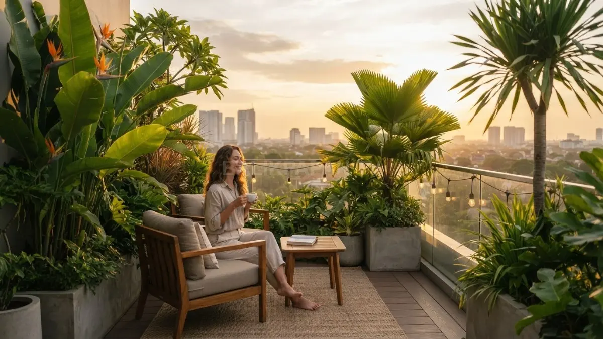 Rooftop garden terrace menghadirkan taman atap hijau dengan suasana sore hangat, teduh, estetis alami memikat (BTV/AI)