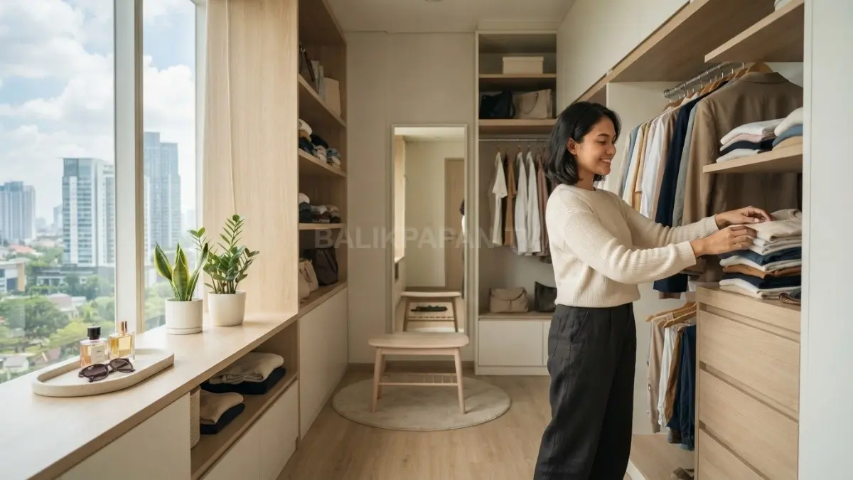 Ruang ganti bergaya Scandinavian memadukan warna netral, kayu terang, dan pencahayaan alami yang nyaman estetis (BTV/AI)
