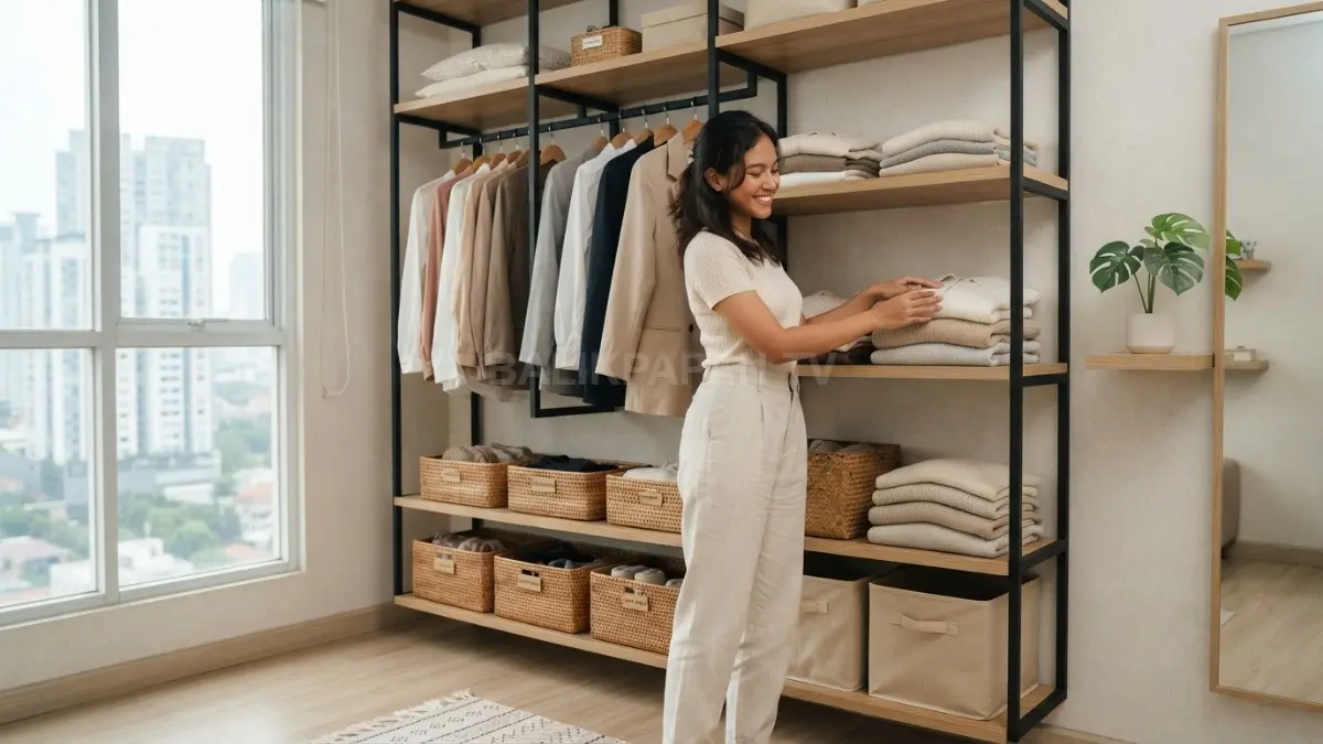 Ruang ganti pakaian tertata rapi menghadirkan kenyamanan, fungsi optimal, pencahayaan baik, dan estetika modern elegan (BTV/AI)
