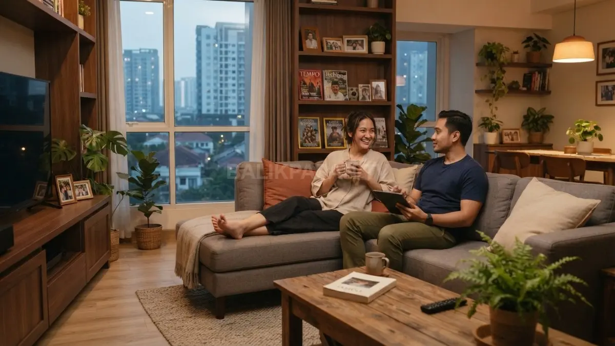 Ruang keluarga dengan pencahayaan hangat, tanaman indoor, dan material kayu yang menciptakan suasana rileks setelah pulang kerja. (BTV/AI)