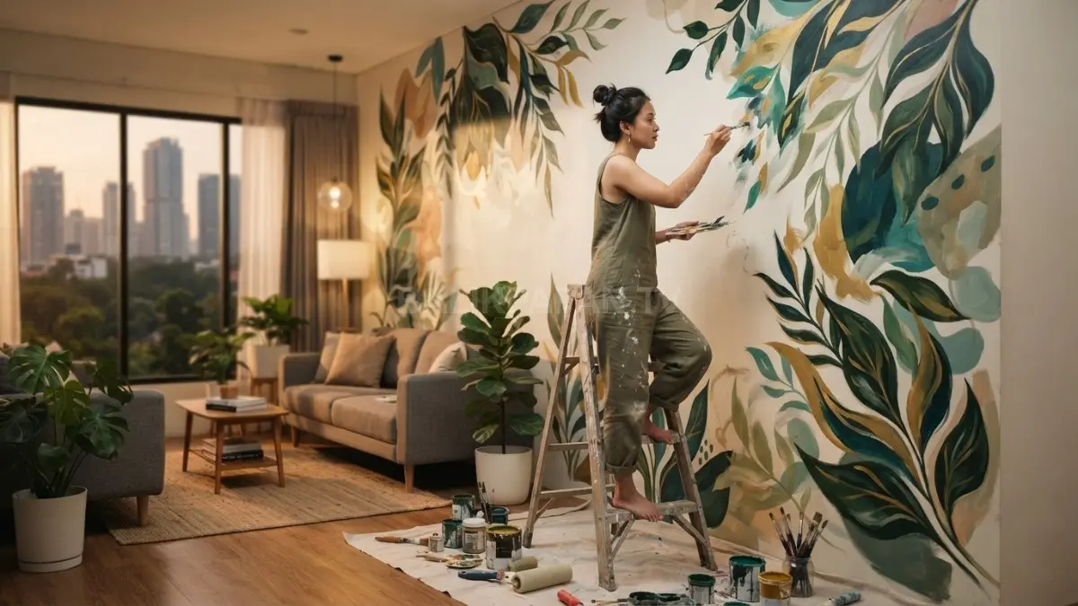 Ruang keluarga tampil hidup berkat mural abstrak berwarna cerah menghadirkan nuansa kreatif nyaman setiap hari (BTV/AI)