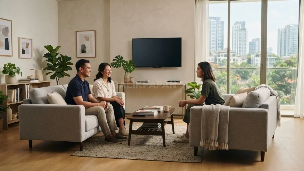 Ruang tamu modern dengan sofa saling berhadapan dan televisi tidak menjadi titik fokus utama ruangan. BTV/AI)
