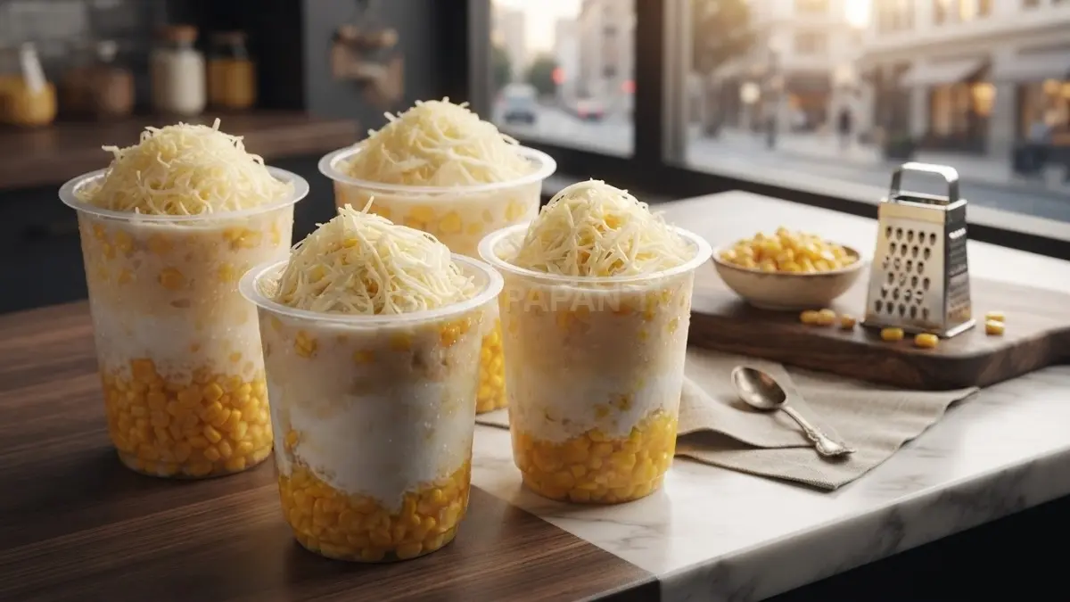 Segelas es jagung manis dengan lapisan bubur kuning kental, santan putih, dan taburan keju parut melimpah di atasnya. (BTV/Ai)