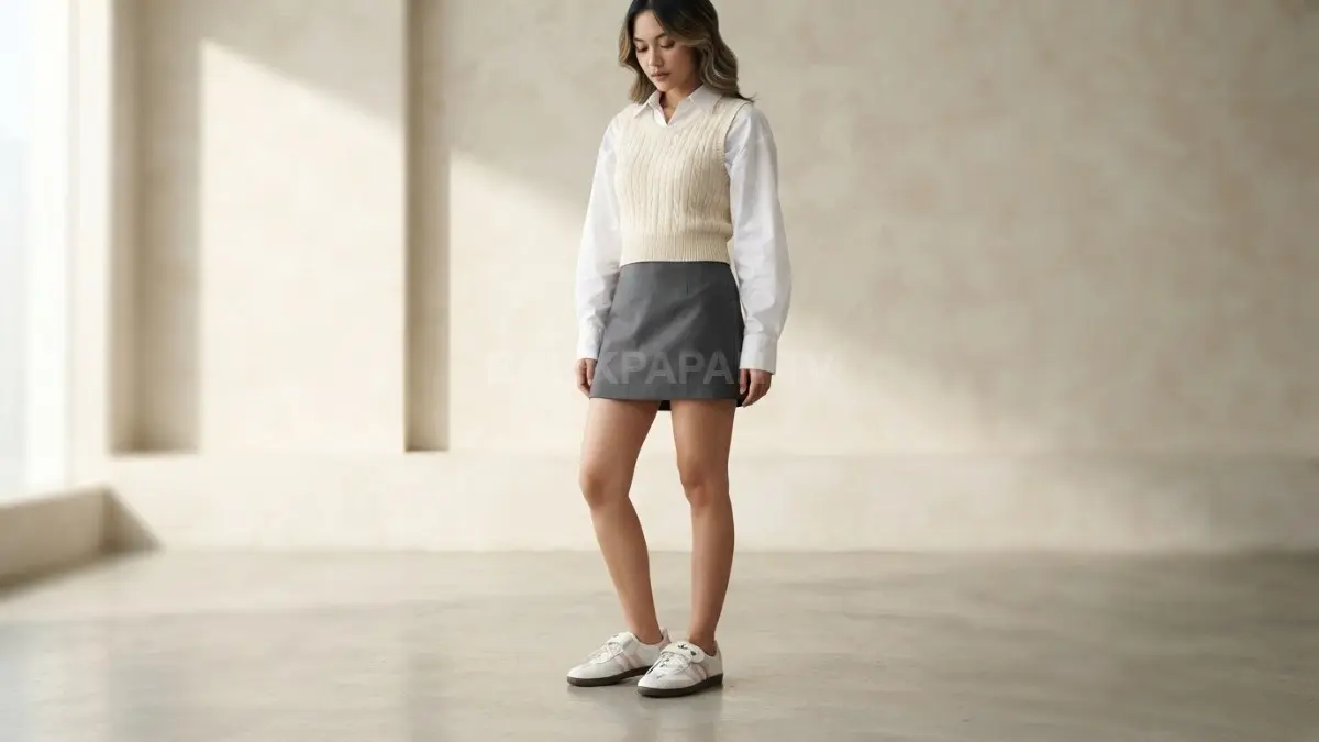 Sepatu Samba Jane bertali dipadukan kemeja oversized, rompi rajut, rok A-line bergaya preppy modern elegan (BTV/AI)