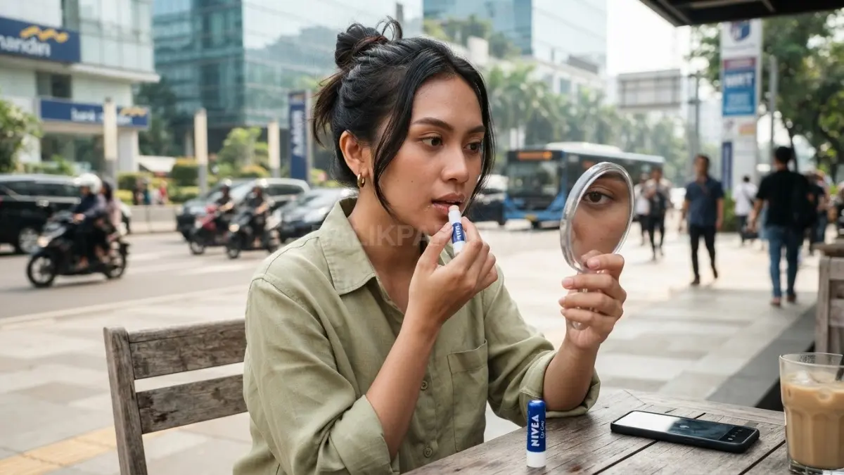 Seseorang mengoleskan lip balm pada bibir yang tampak kering sebelum beraktivitas di luar ruangan. (BTV/AI)