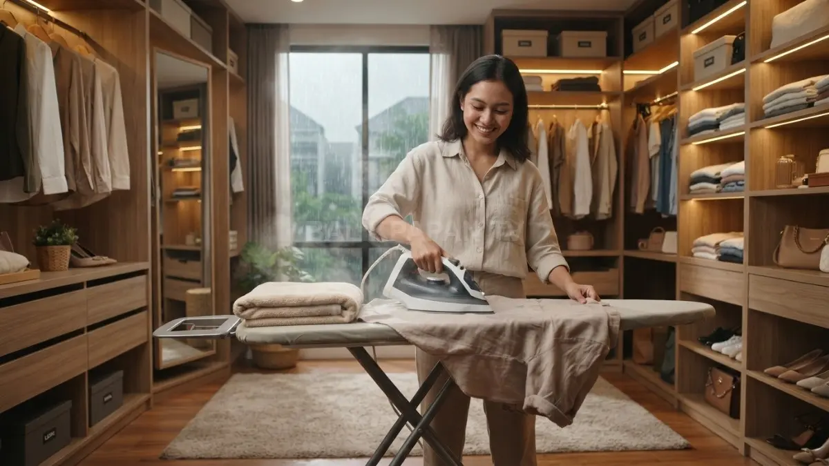 Setrika dan handuk membantu mengeringkan pakaian lebih cepat saat musim hujan dengan metode praktis aman (BTV/AI)
