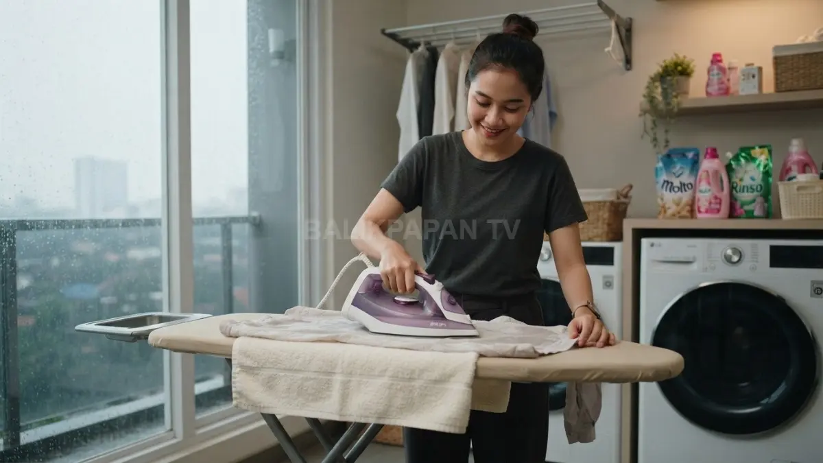 Setrika dan handuk membantu mengeringkan pakaian lembap lebih cepat saat musim hujan dengan cara praktis (BTV/AI)
