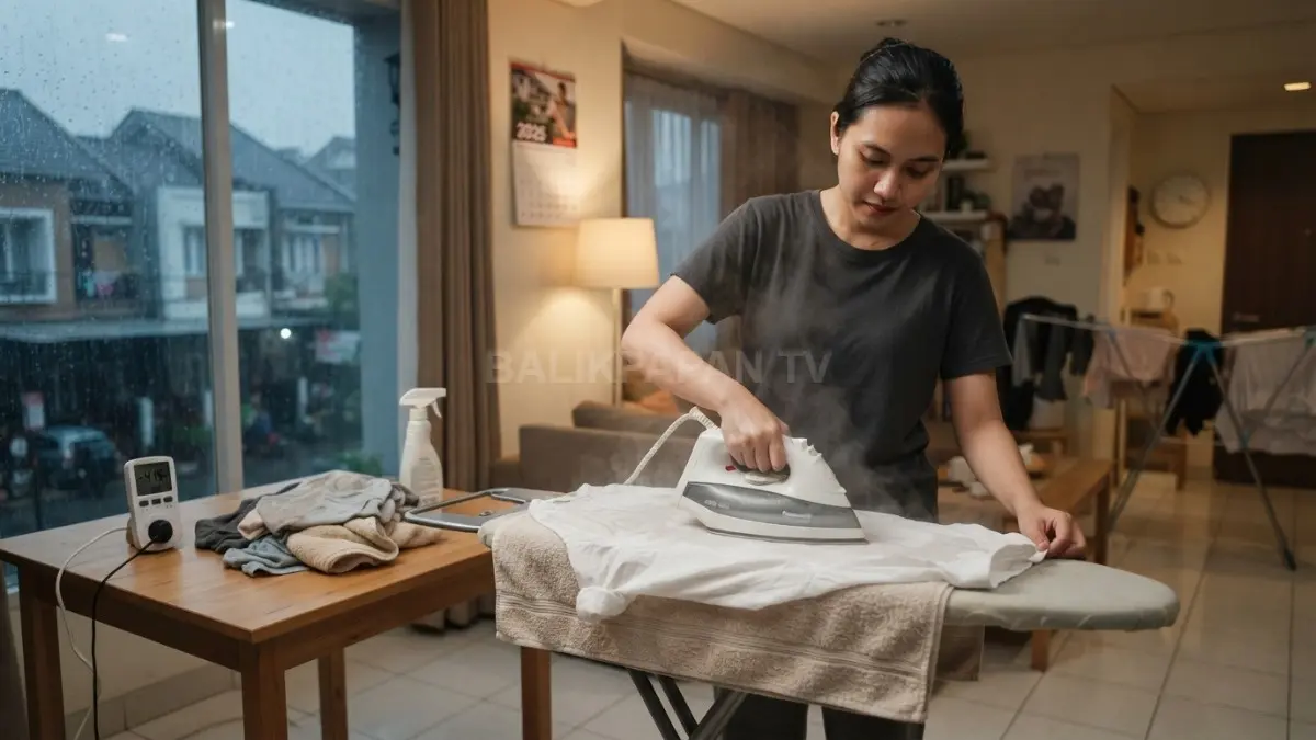 Setrika dan handuk membantu mengeringkan pakaian lembap lebih cepat saat musim hujan secara praktis efisien (BTV/AI)
