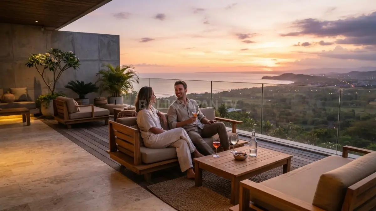Sky Lounge Terrace modern menghadap horizon dengan furnitur rendah, kayu terang, batu alam, suasana senja menenangkan (BTV/AI)
